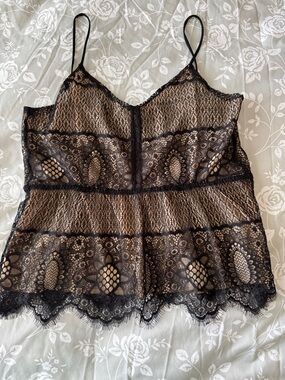 Black Lace Overlay Nude Slip Cami with Scalloped Hem